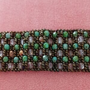 Elegant Beaded Bracelet with Green and Brown Accents Woven Beaded